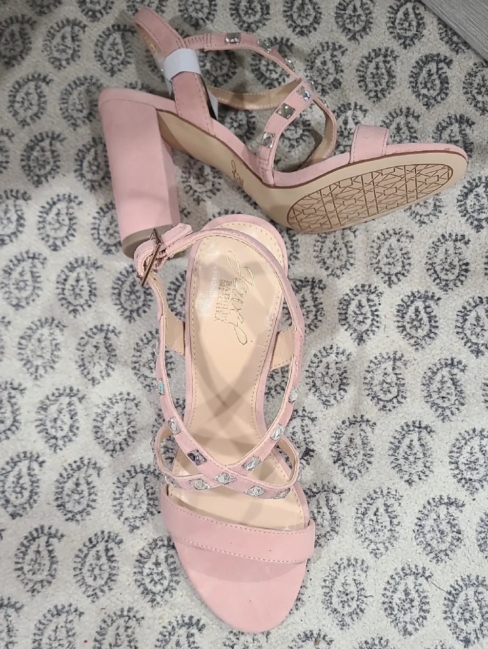 Jewel Badgley Mischka Pink Crystal-Strap Block Heel Sandals 4